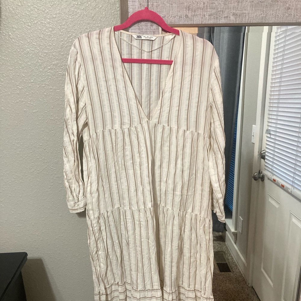 Zara tan and white striped tiered maxi dress
